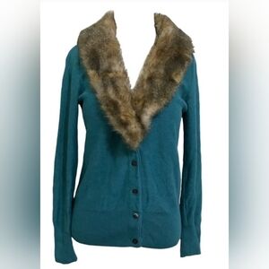 Cabi - Elegant Teal Button Up Sweater with Faux Fur Detachable Collar- Size M